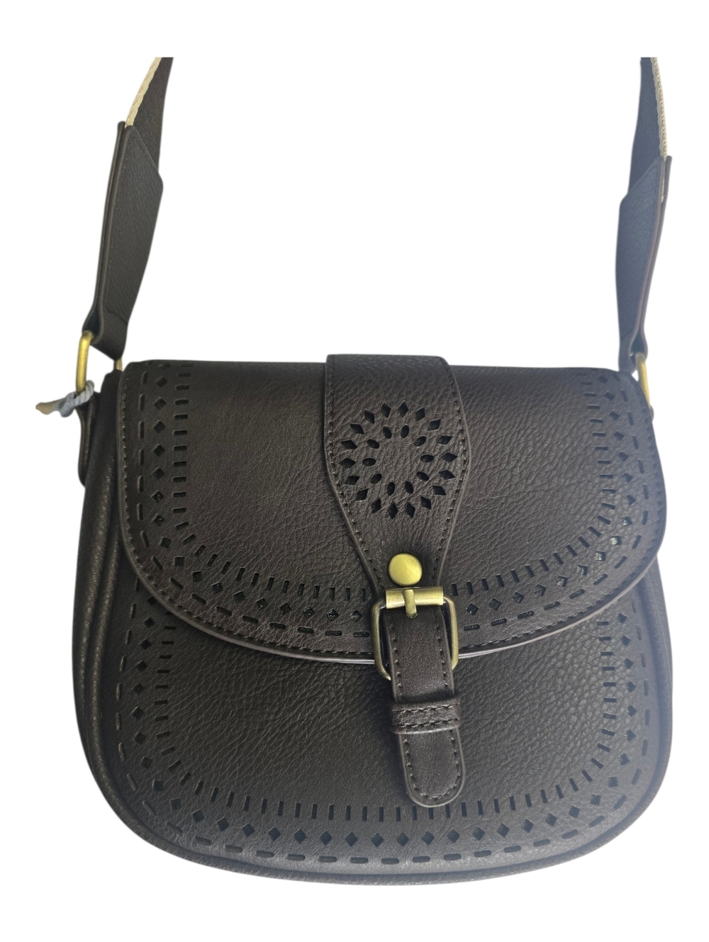 Elegant Perforated Design Front Flap Faux Vegan Leather Dark Brown Crossbody Bag